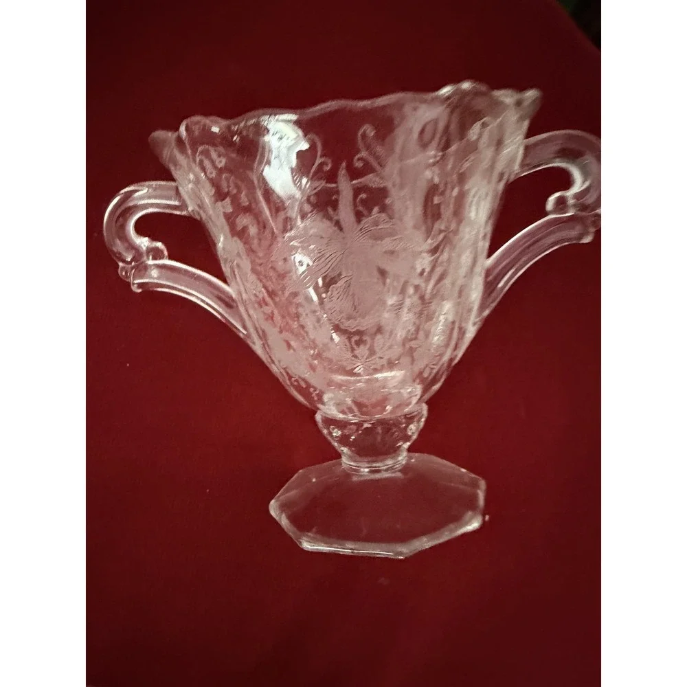 Vintage Cut Glass Creamer & Sugar Set With Tray Clear Floral Etched Design